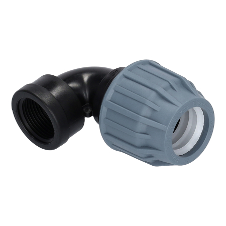 PP-Klemmkupplung mit schwarzem Fittingkörper und blauer Verschraubung vor weißem Hintergrund. Die Darstellung dient als neutrales Produktfoto und repräsentiert eine beliebige Ausführung der Klemmkupplungsserie.